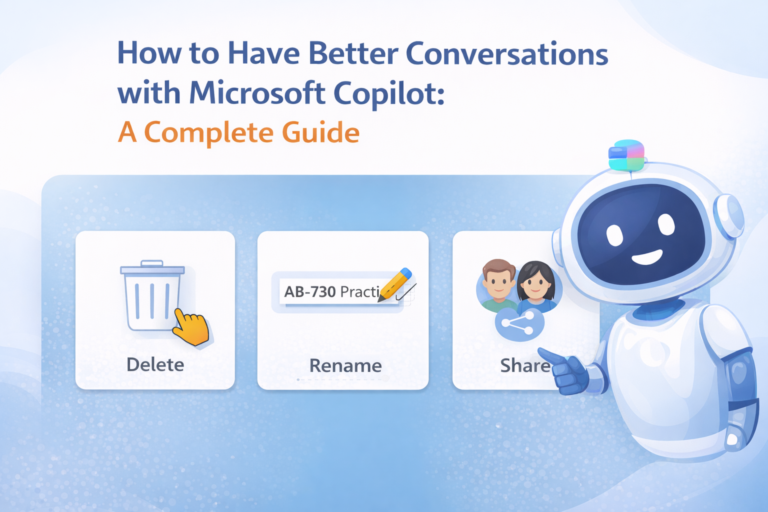 lIustration representing Microsoft Copilot conversation history, showing chat bubbles, a sidebar of saved chats, and a user interacting with an AI assistant.