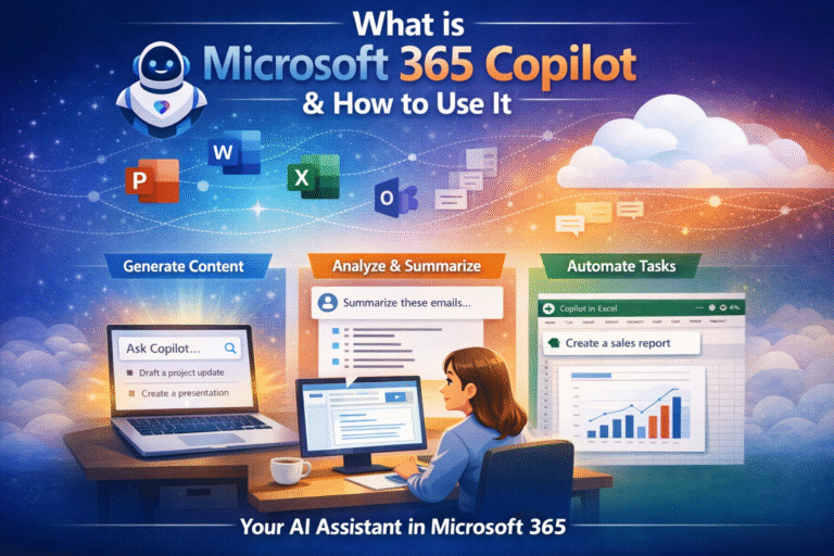 “Illustration of Microsoft Copilot interface showing AI-powered productivity features across Microsoft 365 apps in 2026.
