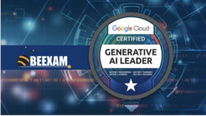 A graphic featuring a prominent circular badge in the center that reads "Google Cloud CERTIFIED GENERATIVE AI LEADER" [4Ao_kQ]. The bottom of the badge lists exam breakdown details: "SECTION 1: FUNDAMENTALS", "SECTION 2: OFFERINGS", "SECTION 3: TECHNIQUES", and "SECTION 4: STRATEGIES" [4Ao_kQ]. To the left, a dark blue horizontal banner contains a logo with a stylized yellow and black bee next to the text "BEEXAM" [4Ao_kQ]. The entire image is set against a futuristic, glowing blue background filled with digital network lines and abstract binary code sequences
